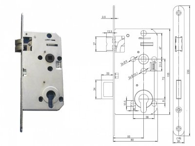 Zámek zadlabací, FAB D2155 PP-FR P-L 72/55/80,čelo 20mm protipožární FABDOS