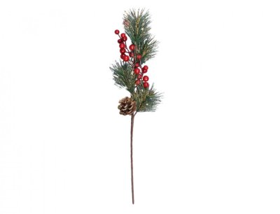 NG 31390zz Větvička BOBULE VÁNOCE +šiška borovice se zlatými konci 48cm 50x100x490