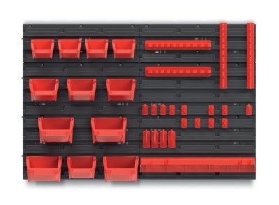 Závěsný panel ORDERLINE s 12 boxy na nářadí+sada háčků BINEER+police BINNER - 78x15x52 cm